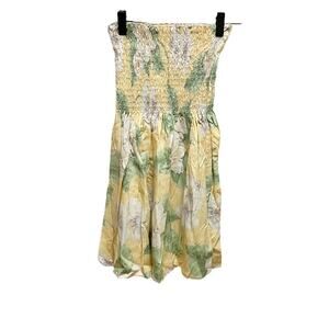 Vintage Light Yellow Hawaiian Aloha Floral Print Smocked Babydoll Top One Size